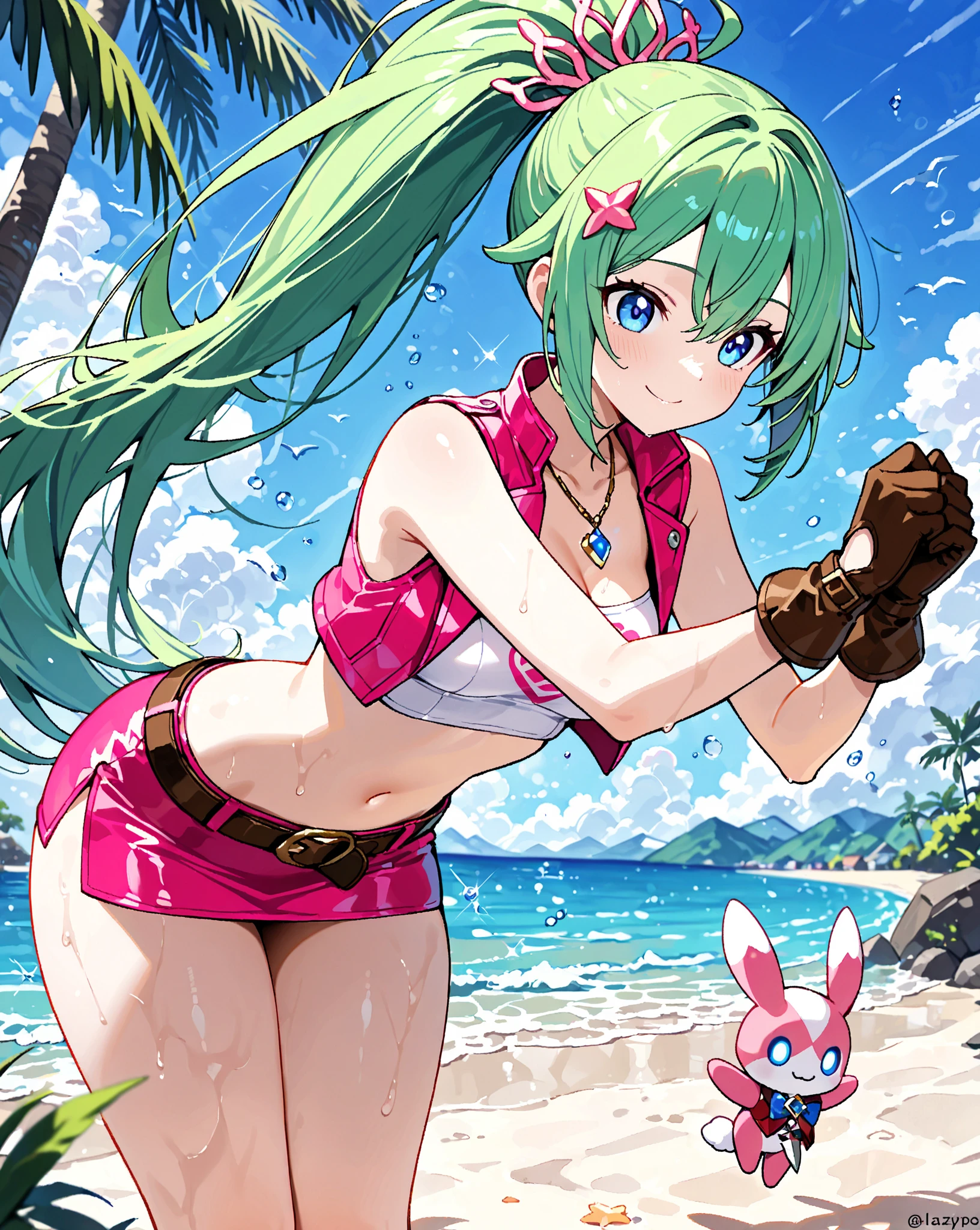 1 girl,ultra-detailed,realistic, small breasts, white brazier, small butt, cherry shorts, elbow gloves, white stockings, cherry shoes, smiling, green hair,short hair, blue eyes, mecha headgear, beach, paw pose