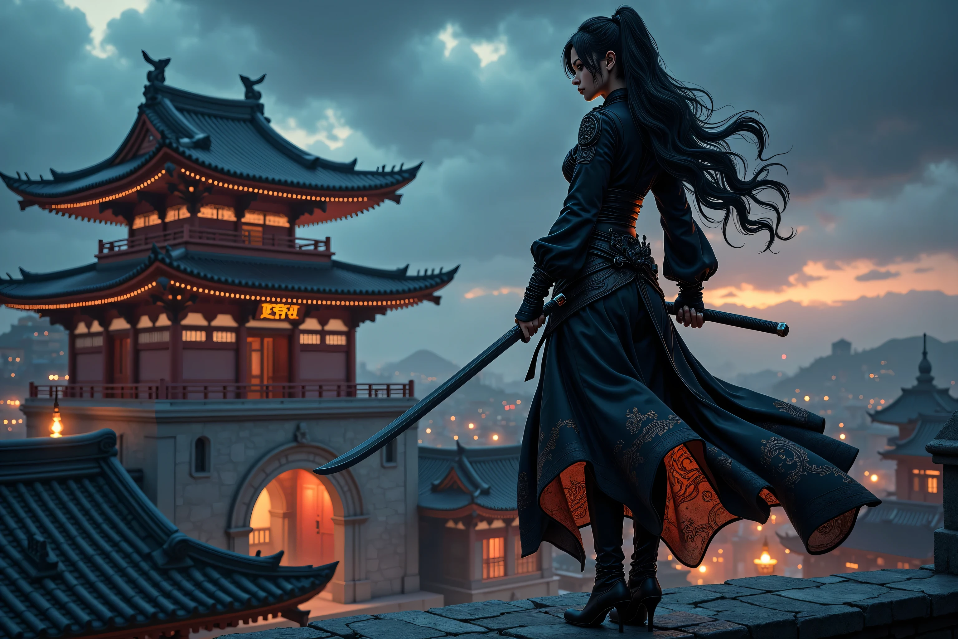 zavy-ctcmcs,hyp3rd3tail style, Celestial Fantasy, a picture of a female ninja warrior holding a katana, at night, on a roof top ,  watching fantasy medieval Japanese temple (intense details, Masterpiece, best quality), elegant, glam, fantasy black ninja clothes with flame patterns, high heels boots , an ultra wide shot, full body (intense details, Masterpiece, best quality)epic beautiful female ninja warrior princess, rich hair, flowing hair, action shot, sense of daring, sense of awe, fear,,  high details, best quality, 16k, [ultra detailed], masterpiece, best quality, (extremely detailed), dynamic angle, ultra wide shot, photorealistic, RAW, fantasy art, dnd art, fantasy art, realistic art, 