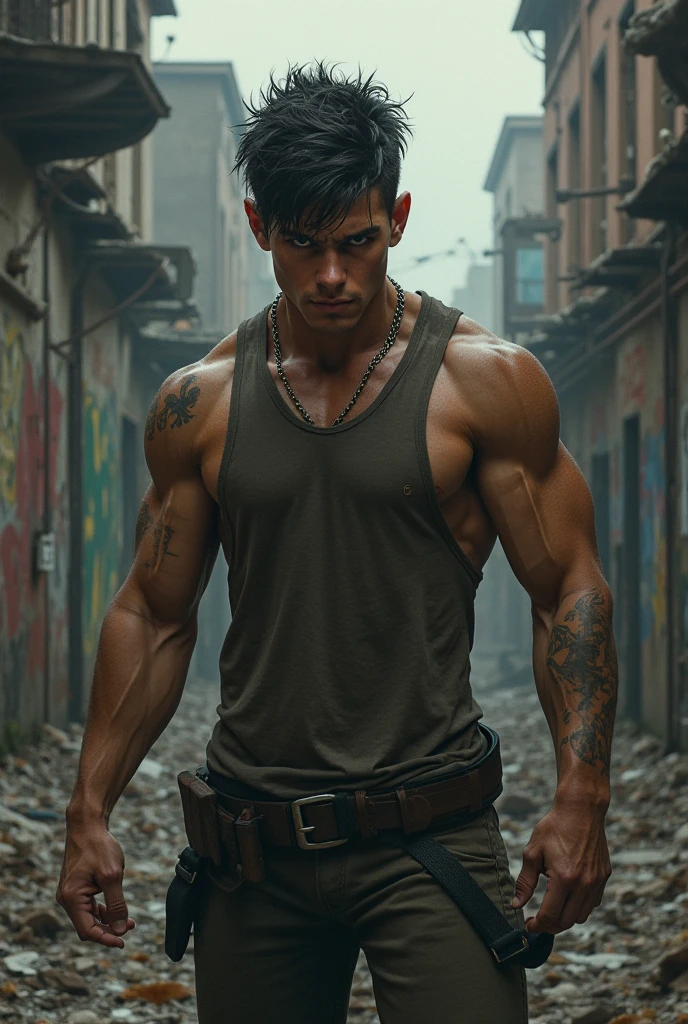 Black curly haired teenage male, in black crop top, with navel piercing, sweating, leather pants, rebellious style, holding a long black cane, defense position, bathed in sweaty oil on his skin, handsome, sexy, attractive, erotic, sensual, young, masculine, man, destroyed city cloudy, gray atmosphere, 4k, HD, masterpiece