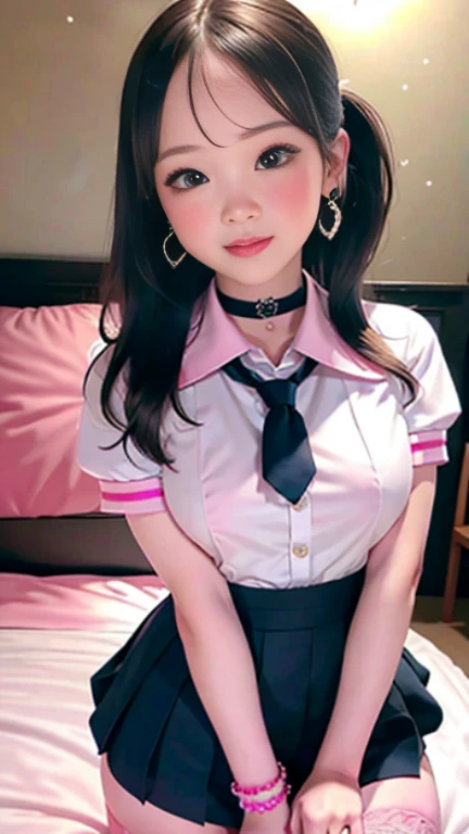 最high quality, masterpiece, there is nothing, 1 girl, 12~14 years old, Cute pink underwear, necklace, jewelry, Beautiful Face, On top of that_body, Tyndall effect, Realistic, Dark studio, Rim Light, Two-tone lighting, (High resolutionの肌: 1.2), 8K Ultra HD, Digital SLR, Soft lighting, high quality, Volumetric lighting,  photograph, High resolution, 4K,Bokeh,Student Uniform