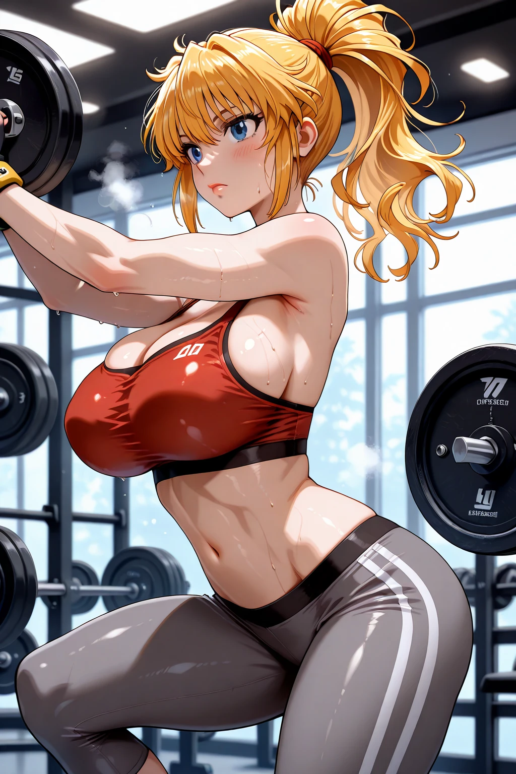 Best Quality, masutepiece, High resolution, (Anime Heroine Illustration), Anime Paint, 1beautiful girl ,Dynamic Angle,Female Weightlifter,small head,Large breasts,Trained abs,nice legs, Glowing skin, Sweat,At the weightlifting venue ,Detailed beautiful face,Large eyes,detailed hairs,detailed skins,Realistic Skins,Sweat,detailed clothes,from side