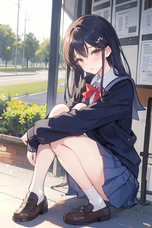 girl、High school girl naked from the waist down、High school girl uniform on the upper body, squat、sit、Viewer-facing、17 years old、Pissing、Pee、(blush:0.8)、exposed female genitals、alley