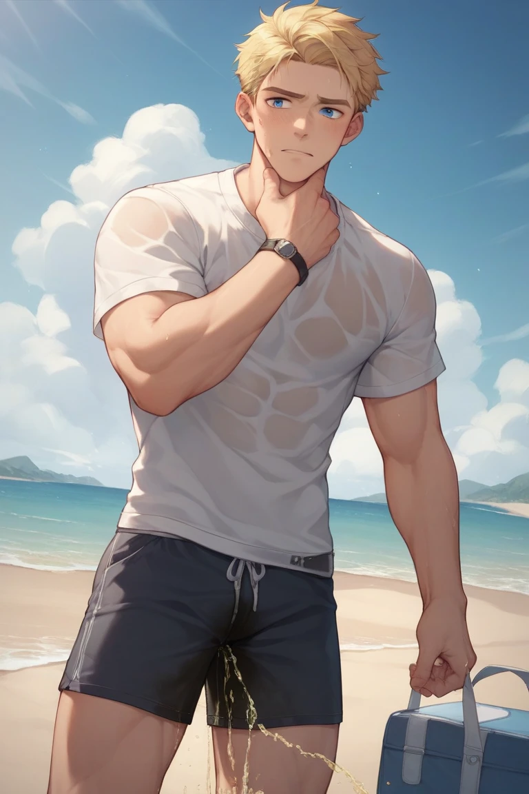 realisticlying、Selfie of an 18-year-old boy、Buttocks emphasis bulging pubic area、Wearing a T-shirt sea bread、the beach
