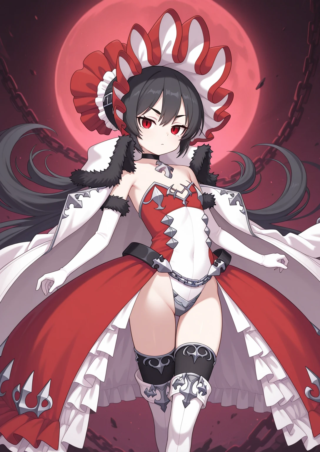 <lora:IlyaV3-000019:0.9> ilya, large breasts, very long hair, bonnet, black choker, white cape, leotard, white elbow gloves, white thigh boots, :d, fang, closed eyes, standing, legs apart, spread legs, arms on own hips, from below, stone wall