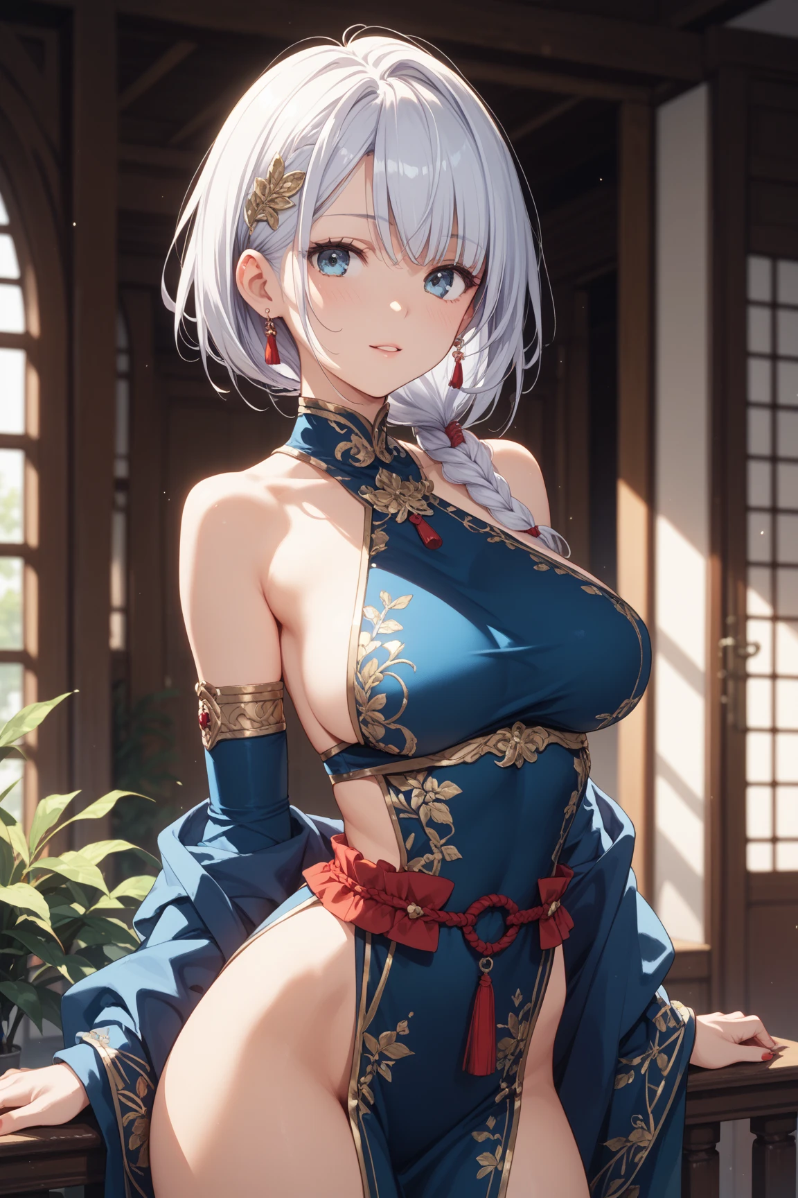 hight resolution, absurdres, best_Quality, Ultra_Detailled, 8K, extremely_clear, photo, beautiful, Beautiful face, Scharp Focus, HDR, 1girl, Clean eyes, very wide-eyed,old japanese town in the mountains in the background , Beautiful face, very red areola, standing , very seductive pose, very young, no bra, bare chest,  , naked, No Top, NSFW, gray hair with ponytail, bare, no clothing,
