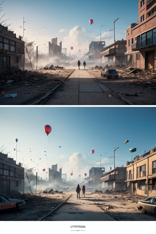 Cities destroyed in the Ukrainian war, A girl walking with a small balloon, banksy style, monochromatic, 8K
