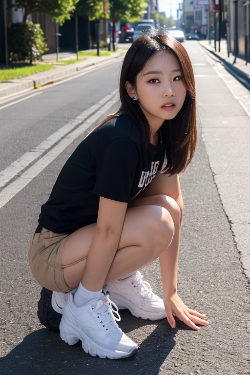,(tanned skin:1.3), japanese female,mascular thighs,sport jersey short pants,white t-shirt,curvy,at park,sandals,natural black hair,standing,smile,,(from above,thighs focus),sitting on floor