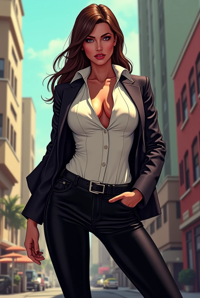 (8K, RAW photo, 最high quality, masterpiece: 1.2), High-definition RAW color photo, Professional photo shoot, cinematic light, alone, (((young woman, gal))), (Sharp features), (small face), (high detail skin: 1.2), clavicle, cute face, beautiful appearance, Clean eyelashes, (brown hair, brown eyes), (beautiful breasts), (slim body shape:1.4), very detailed顔と肌の質感, fine eyes, double eyelid, look sideways, Place your hands behind your body, ((shortcut, wavy hair)), ((open your mouth and smile:1.2)), big breasts, normal hip joint, cowboy shot, (((business suit setup:1.5, high heels:1.2, long coat))), back alley, leaning against the wall, smooth texture, staring eyes, beautiful skin, shiny skin, perfect fingers, five fingers, anatomically correct, background bokeh, high quality, surreal, bright colors, ((very detailed, photo shoot)),