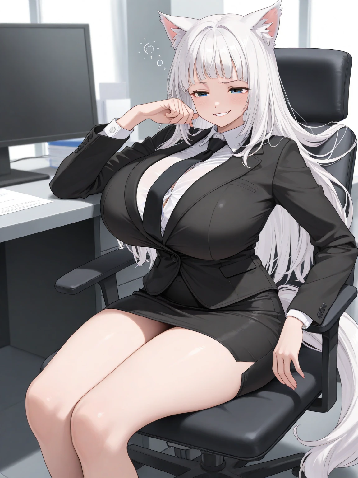 (solo 1 very skinny office lady standing in office:1.3), (swaying back), standing exactly, (arms behind back), (black business suits:1.3), (black blazer with closing chest:1.3), (white dress shirts under blazer), (bursting gigantic huge breasts:1.3), necktie, (inconceivably narrow waist:1.3), too short black skirt, slim hip, thigh gap, skinny long legs, highheels, nose blush, perfect anatomy, (orgasm), pussy juice dripping down between things