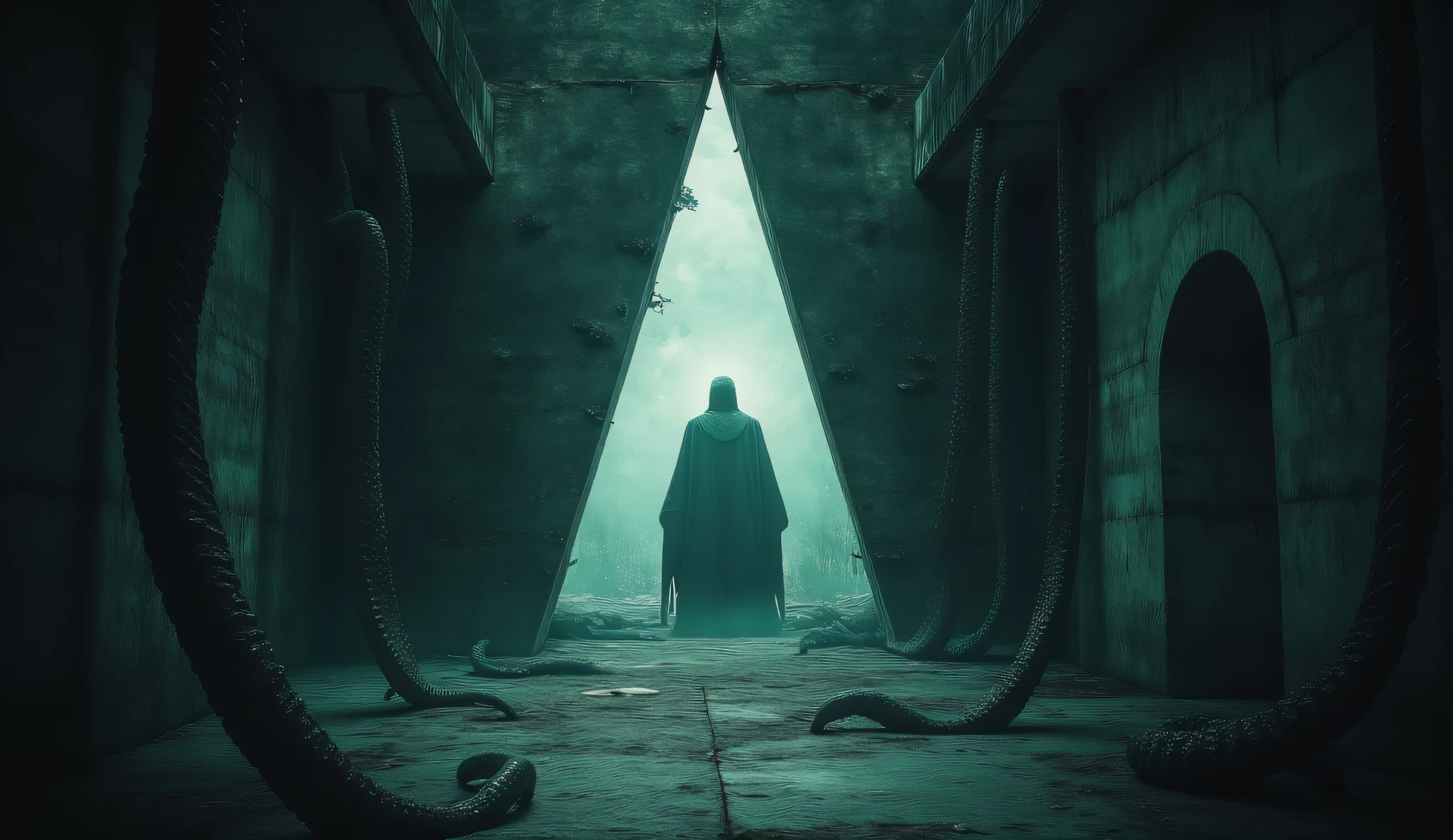 A black concrete wall with a large white triangle imprinted on it deep underground, the triangle in a doorway into another dimension, many tentacles from an unknown beast are coming out of the triangle, dark surreal, Lovecraftian horror, high detail, masterpiece.