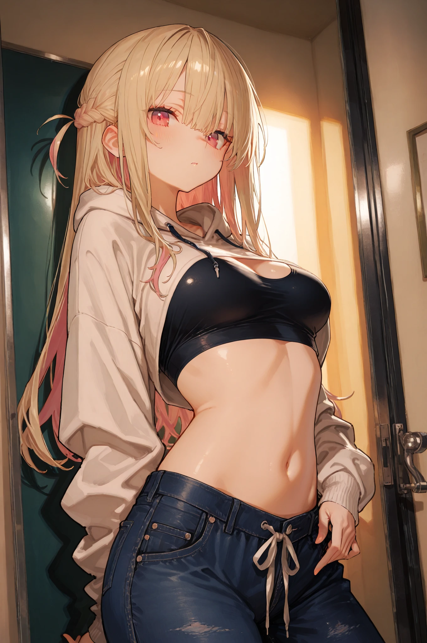(woman)(child)(15 years old),(young),Baby Face,(masterpiece,highest quality),(Perfect Face),((stomach)),((Underboob)),(Blonde,long hair),Tattered camisole,Torn clothes(camisole),(Underboob),Damage shorts,Tattered shorts,Open button,Flat Chest,(belly button),belly button出し,stomach,arm,(Mini Camisole),Micro length(Denim shorts),(Open button),(barefoot),(Big cities),on the train,Standing posture,((whole body))