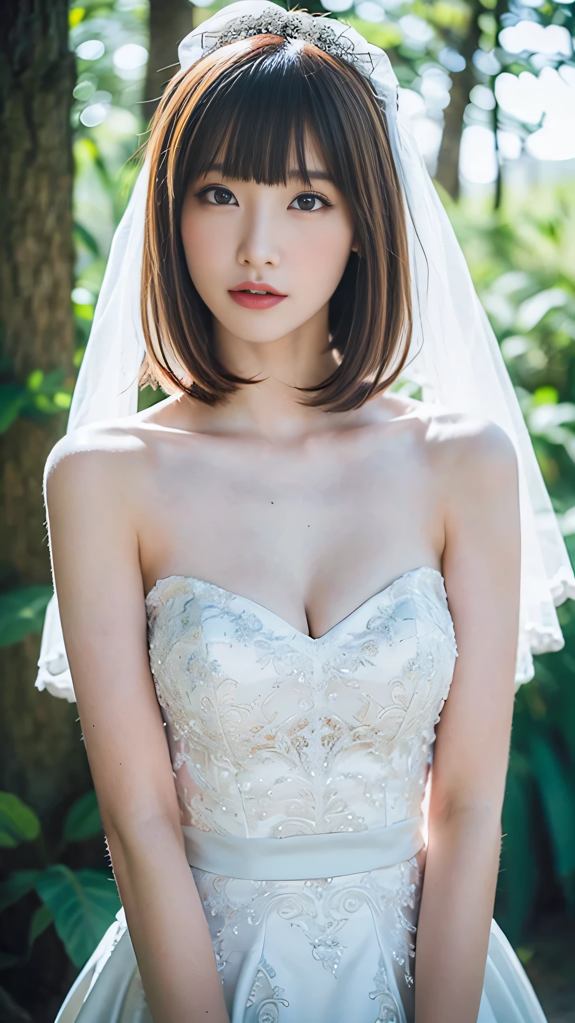 (Portrait of the upper body taken directly from the front),(masterpiece, top quality , Ultra High Accuracy),very detailed CG,(Eye makeup to lengthen eyelashes),Straight bob hair with bangs,((A simple wedding dress made entirely of shiny pale blue satin fabric)),((I'm in a dark forest )),