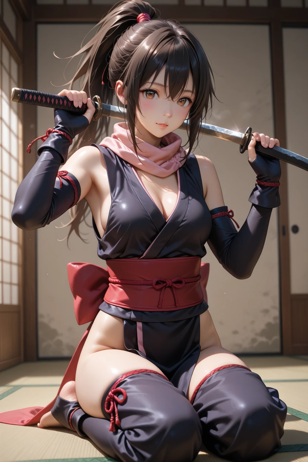 ORIENTAL WARRIOR- GEISHA- SAMURAI SWORD- SEXY- TINY BLACK PANTIES- DETAILED PHOTO- ANGRY FACE- BEAUTIFUL BODY- SHINY TEMPLE- SQUATTING- COLORFUL HD