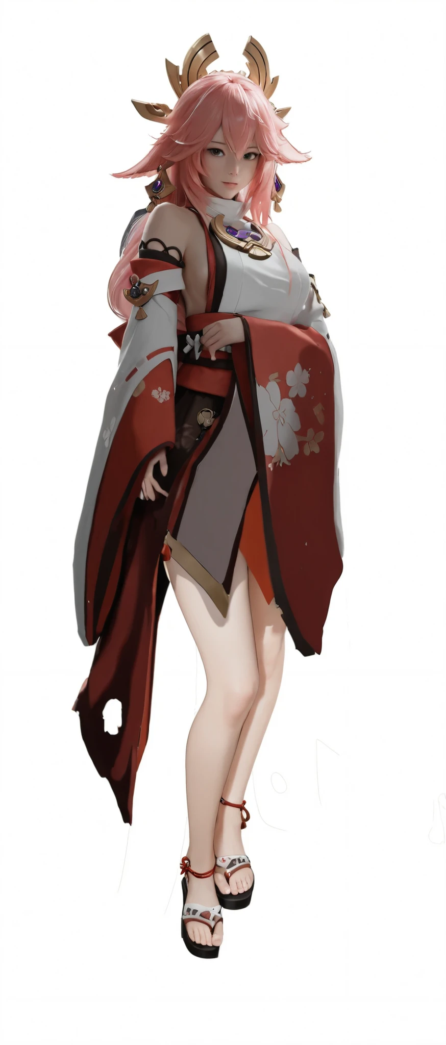 anime character with pink hair and cape, Yae Miko， draw,  Whole body concept, Whole body concept, (( wearing a noble robe )), Anime full body illustration, pixiv ，Natural leg movements，Adjust the foot ratio to the correct level，is realistic