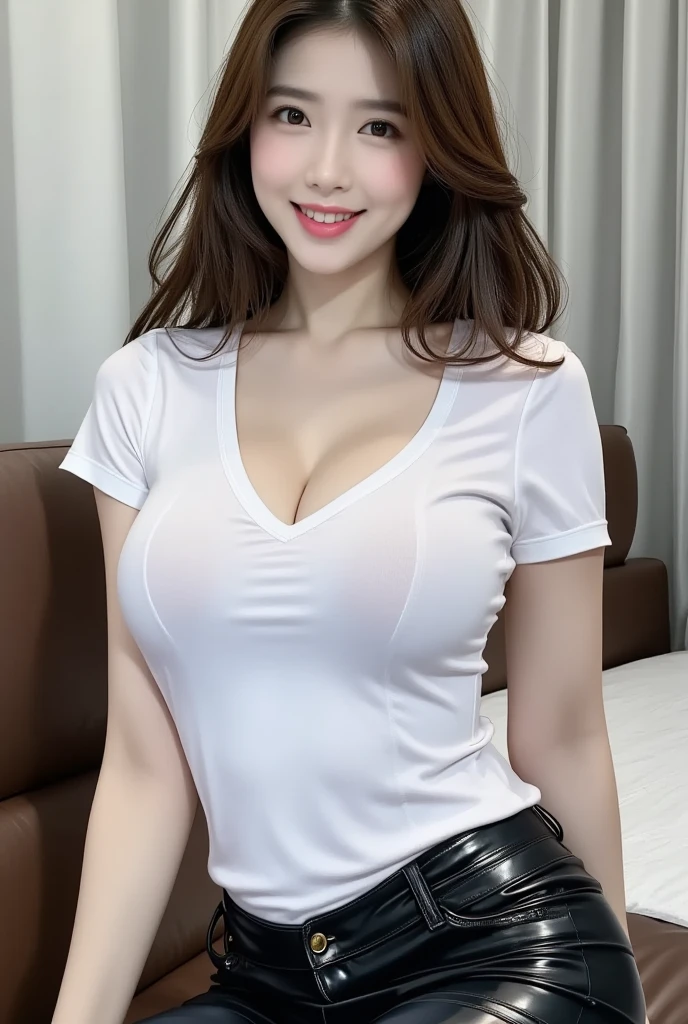((Highest quality, 8K, masterpiece :1.3)), whole body, Sharp focus :1.2, Beautiful woman with perfect figure :1.4, Slim Abs :1.2, ((Dark brown hair, Big Breasts :1.2)), Body Dress :1.1, (Night city view, Modern balcony :1.1), Highly detailed face and skin texture, Fine grain, double eyelid, Small Bust, OL Uniform, office Wear, White T-shirt, Exposed cleavage, (Black Pantyhose), (No pants), Indoor scene, office