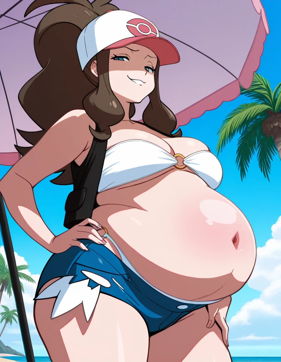 ((Melhor qualidade)), ((altamente detalhado)), rosto detalhado, rosto bonito, , (1 garota), Sozinho, dynamic pose, corpo todo, ((plano amplo)), hilda (Pokémon), rabo de cavalo, bloqueios laterais, olhos azuis, quadris largos, sorridente, boné de baseball, camisa branca, vest, sem mangas, shorts, pulseira, (ao ar livre, em uma cachoeira, alvorecer, hurricane), thunder thighs, fat thighs, big breasts, mommy breasts, fat girl, botas de coturno, starts getting very fat, curvilinear, muito gorda, coxas enormes, barriga grande
