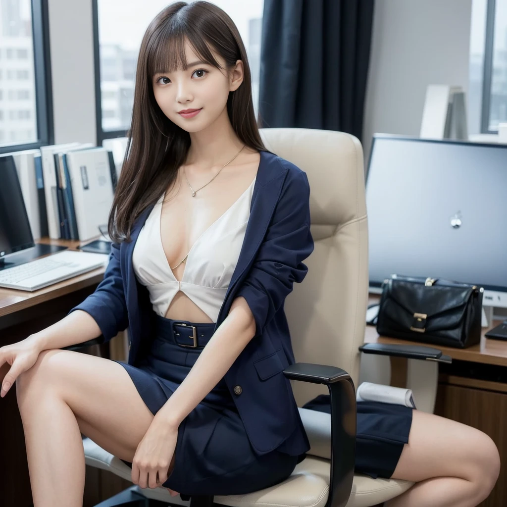 ((realistic lighting、top quality、8 thousand、masterpiece:1.3))、clear focus:1.2、girl、perfect body:1.4、slim abs:1.1、(Acceleration:1.4)、distance、tall:1.3、(slim face、narrow eyes:1.2)、break、double eyelid、Swaying hair、exposed cleavage、((White button-up long shirt:1.1、no bra)、light blue office uniform jacket、White miniskirt、earring,high heel)、necklace、Belly discharge、((skinny thighs))、invincible smile、looking at the camera、