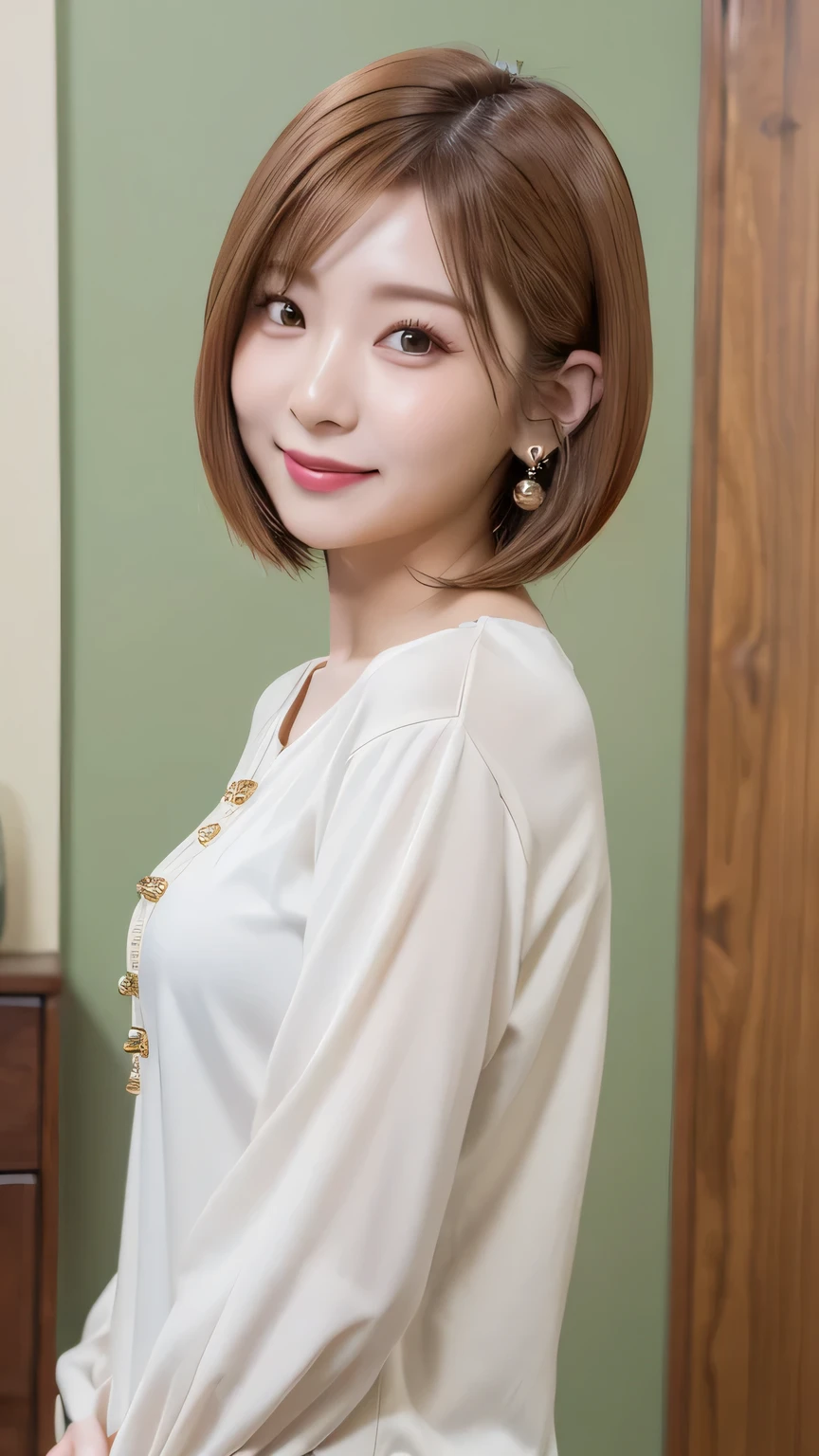 Standing, closeup, smile、looking at the camera、Ear piercings、Bob Hairstyle、 pale brown hair、long sleeve blouse、people talking in the background is inside the room、