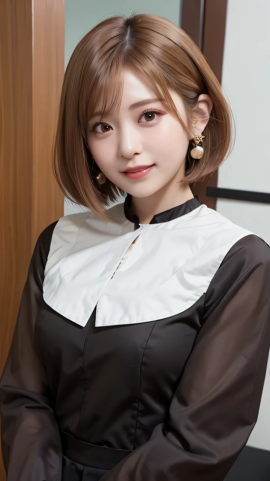 closeup, smile、looking at the camera、Ear piercings、Bob Hairstyle、 pale brown hair、long sleeve blouse、people talking in the background is inside the room、bust up shot、