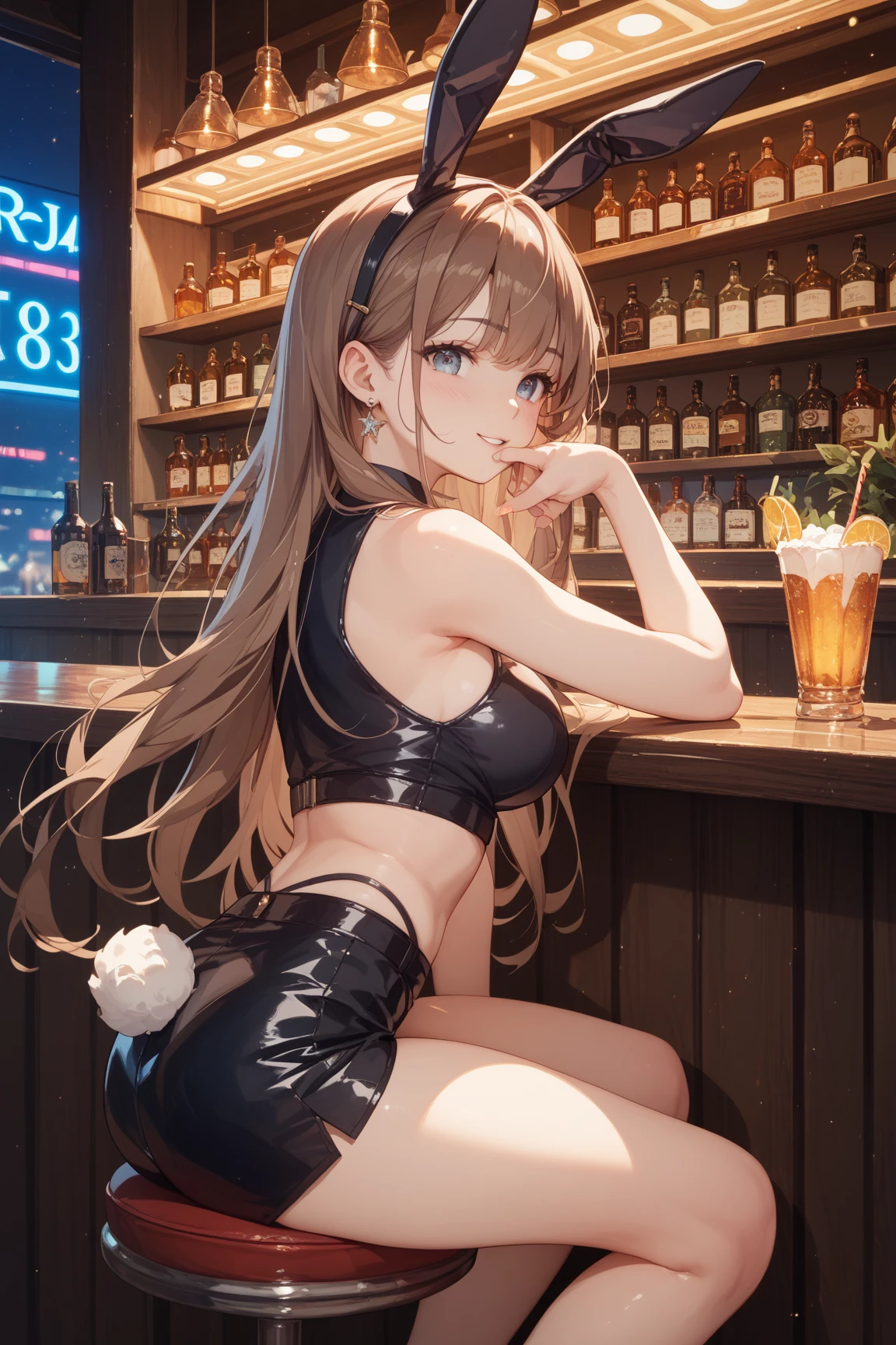 girl at a nightclub sitting at bar, eyeliner (masterpiece) (best quality) (detailed) (8k) (HDR) (wallpaper) (cinematic lighting) (sharp focus) (intricate) very light brown hair, orange highlights in hair, biting lip, slutty outfit, sexy, blush, aroused, cleavage, shiny , wet skin, girl, dark makeup, acting flirty, (((dancing in club))), long abdomen, hmshir, long hair, green eye
