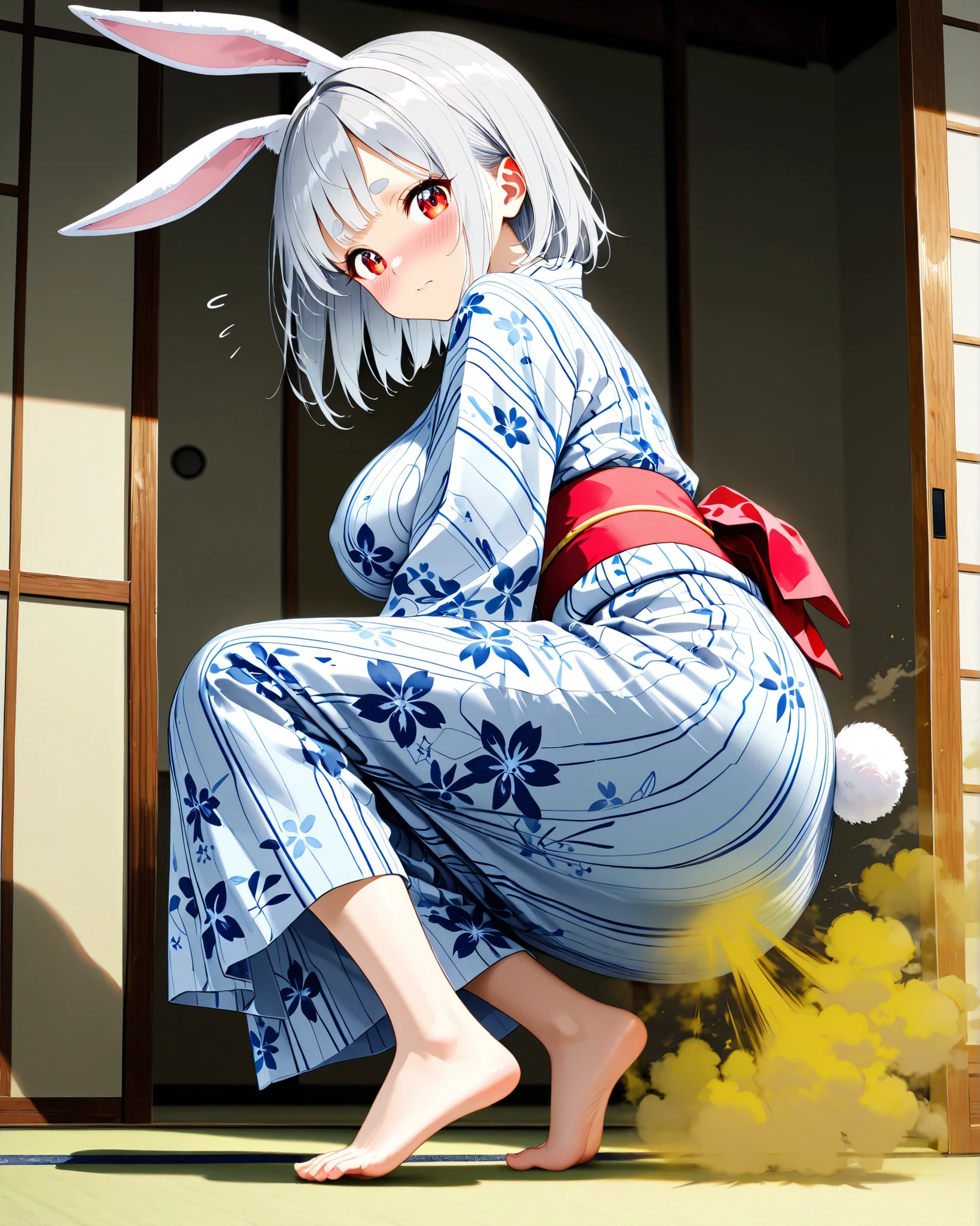 ultra detail, top quality, incredibly detailed, beautiful , masterpiece, 1 Girl, viewers, Red Eyes、(silver hair)、bob hair、Bunny ears、Short Eyebrows、(((Ankle-length Yukata)))、 fart、shy、embarrassing 、charming, blush, ((( fart)))、 fartの日本語効果音、big eyes、The big butt of a yukata、big boobs、Japanese-style room、(young)、Anime Style、rabbit tail、(Align your feet、square)