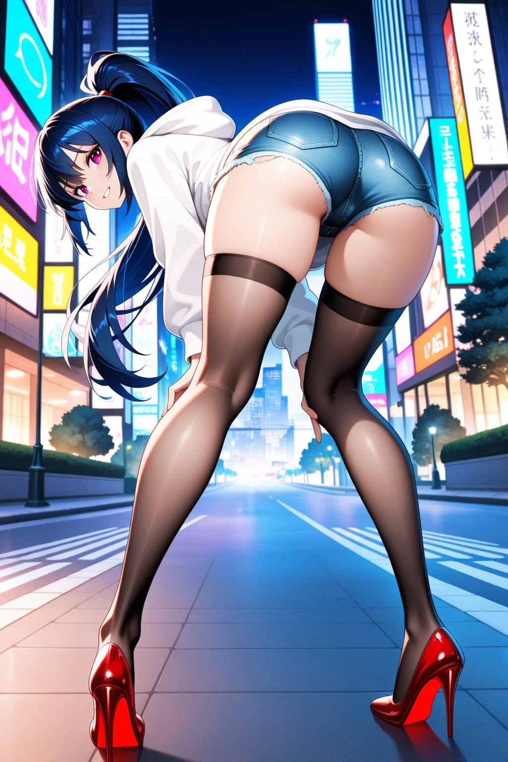 woman,20-year-old,,city,,(((white and blue tight miniskirt dress))),,open mouth smile((black leather thigh high boots))(See-through),blush、surprised face,,((look back))(wet with sweat)(Reflecting the buttocks)panty line