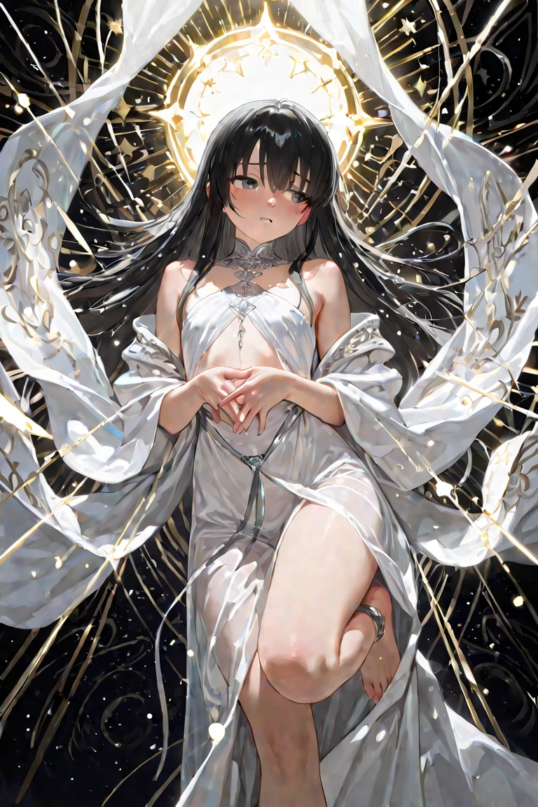 Extremely detailed, 8k, Best quality, ultra detailed, Beautiful face, young girl aged 10 years, Light blue eyes,  long straight ears, flat chest, soft body, lush sundress, bare chest, Hair is scarlet on the outside, very, very long hair, straight hair, Thick hair, voluminous hair, black hair roots, hair white inside, white stockings, vertical twine, hug one leg to the chest, full length, full image,