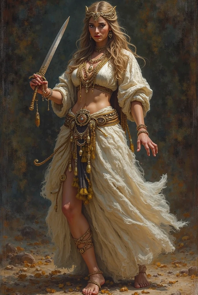 A painting of A woman dressed in a white gown, standing on a hill or a rocky surface. She appears to be a ghostly figure, possibly a ghost bride, with a flowing dress and a scarf. The woman is holding a knife in her hand, which adds a mysterious and intriguing element to the scene. The background is filled with clouds, creating a dramatic and atmospheric setting for the woman in the white dress. The overall image evokes a sense of mystery and intrigue, as the woman's presence and attire suggest a supernatural or otherworldly context.