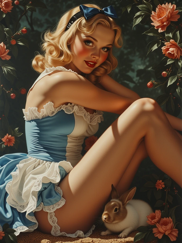 nsfw, photorealistic, beautiful face, (masterpiece:1.4), (best quality:1.4), extremely detailed, hyper-detailed, soft lighting 38 years old beautiful blonde 1950's pinup woman in her late thirties kneeling on all fours between flowers in a garden, dressed only in a green bib apron and yellow rubber boots , sideboob, ????? buttocks, white pearl necklace and white pearl earrings, perfect body, busty, perfect legs, intricate details, masterpiece, bestquality, uhd, 8k, ((plain backgound:1.3)), shaved pubic area, big breasts, hanging breasts, long hard nipples, short blonde hairbun with a bow in her hair, shaved pubic area, (perfect_face), intricate, 4k, detailed_background, full_body, realistic, 8k, sexy, very cheeky smile, challenging naughty facial expression, side view, back view, she looking over her shoulder 
