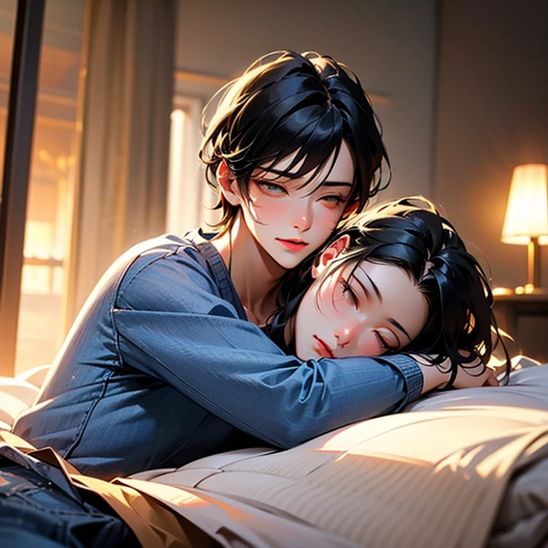 A tall man with short grey hair and a tough look、A girl with black hair, a bob and big breastan and woman lovers、Sleeping together in bed、Age Difference、love story、Uncle and 、Height difference、Wrist pillow