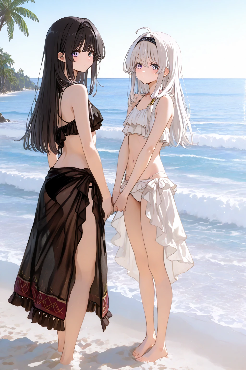 Obra maestra,mejor calidad,high resolution,ultra-DetaileD,bbromin,pelo largo,cola de caballo,golpes,swimsuit,bikini,bikini rosa,miDriff,pareo de malasia,falda blanca,playa,:D,brazos_behinD_Back,propensity_forwarD, small breasts, one nude