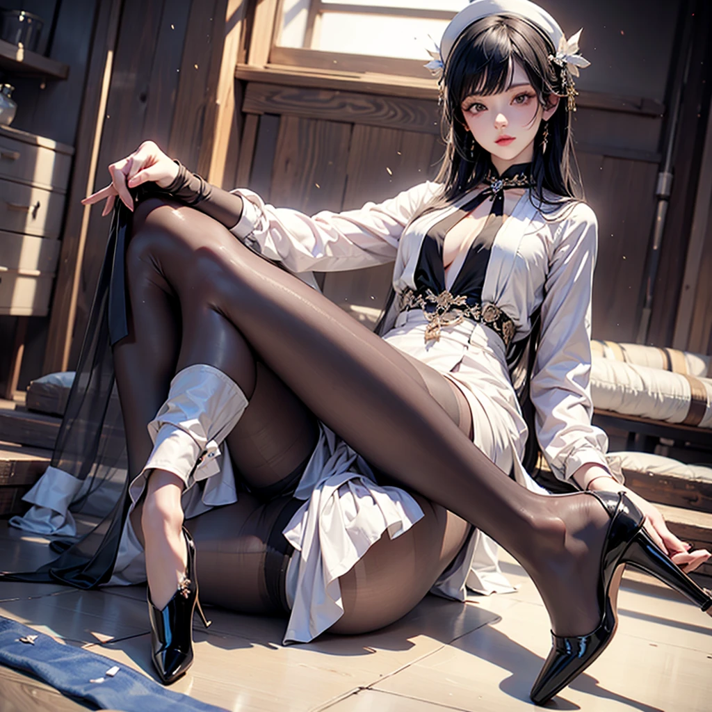 (Hyper-realistic) , (illustratio), (Increase the resolution), (8K), (extremely detaile), (Most Best Illustration), (美丽细致的眼睛), (best qualtiy), (ultra - detailed), (tmasterpiece), ( the wallpaper), (详细的脸), 独奏,1个Giant Breast Girl, looking at viewert, exquisite detailing, 详细的脸, in the darkness nigth, deep shading, low tune,pureerosfaceace_V1, One word horse，ssmile,long whitr hair，Black shawl straight hair，46 points oblique bangs、Fair and flawless long legs、High quality small leather shoes、White ice tube stockings（ultra - detailed）