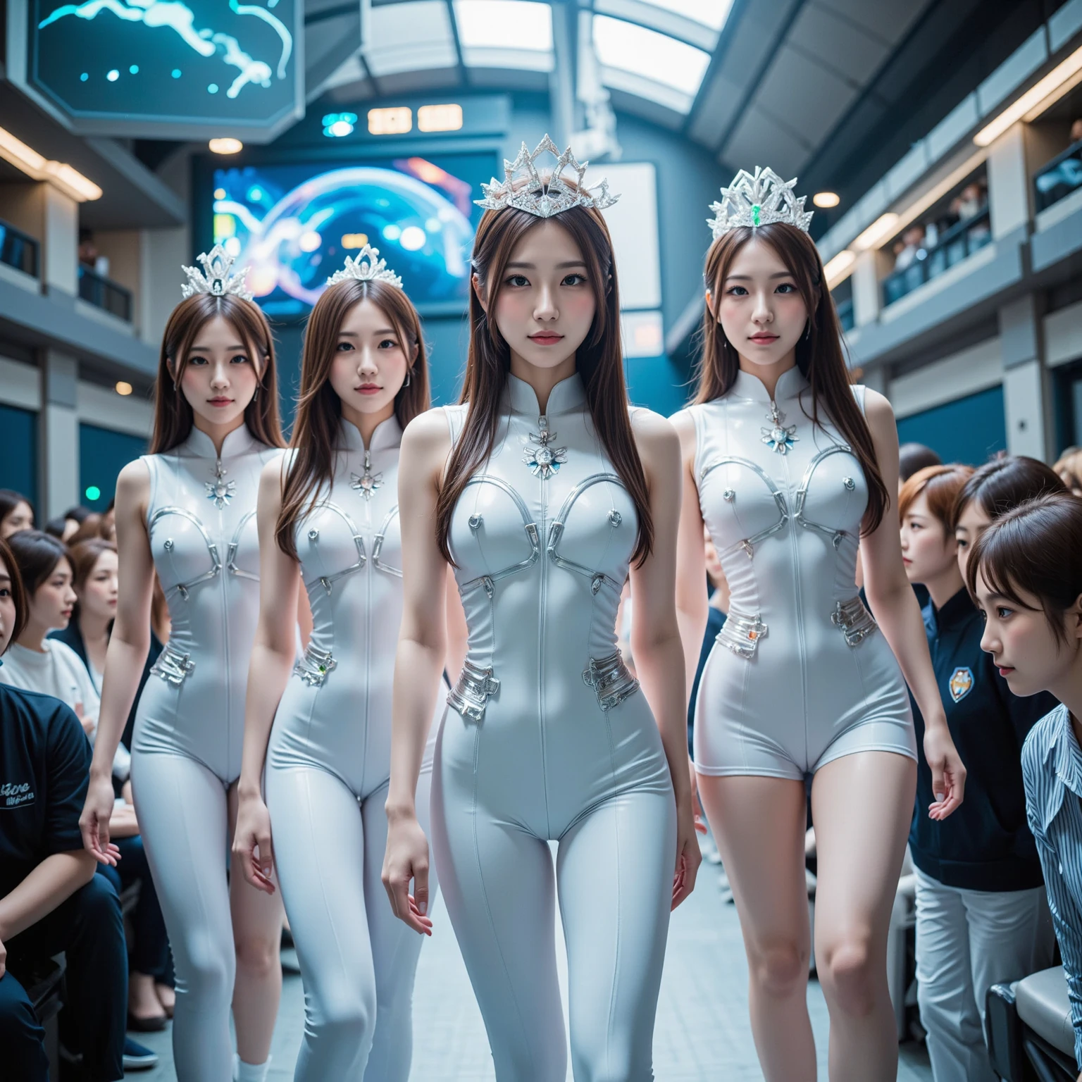 ((top-quality、​masterpiece:1.3)), fullllbody, long legged, foco nítido:1.2, Cute 20s woman with perfect body shape smile:1.4, Slender Abs:1.1, ((dark brown  hair、hugetits:1.2、White Latex Leotard、Long gloves in white latex、White Thigh Boots、7 people standing side by side:1.4)),(Big city at night、On the roof of a building:1.4) Highly detailed facial and skin texture, A detailed eye, 二重まぶた、hugetits、You can see up to your feet