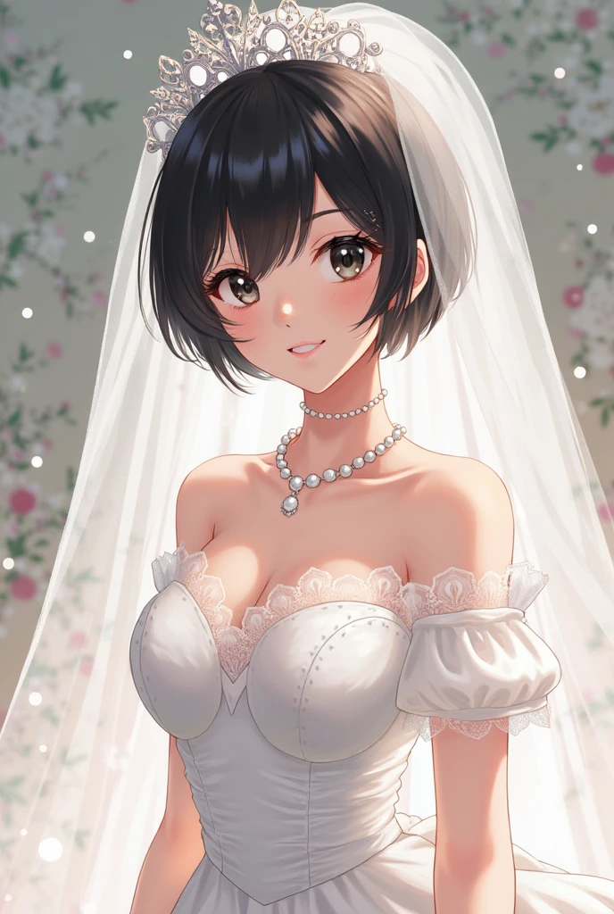 childhood friend,Short Hair,Black Hair,Thick eyebrows,Single,{masterpiece},{high quality},{Super detailed},{Perfect Face},Wedding dress,wedding style,I'm staring at you,With blushing cheeks,Disclosure Feast