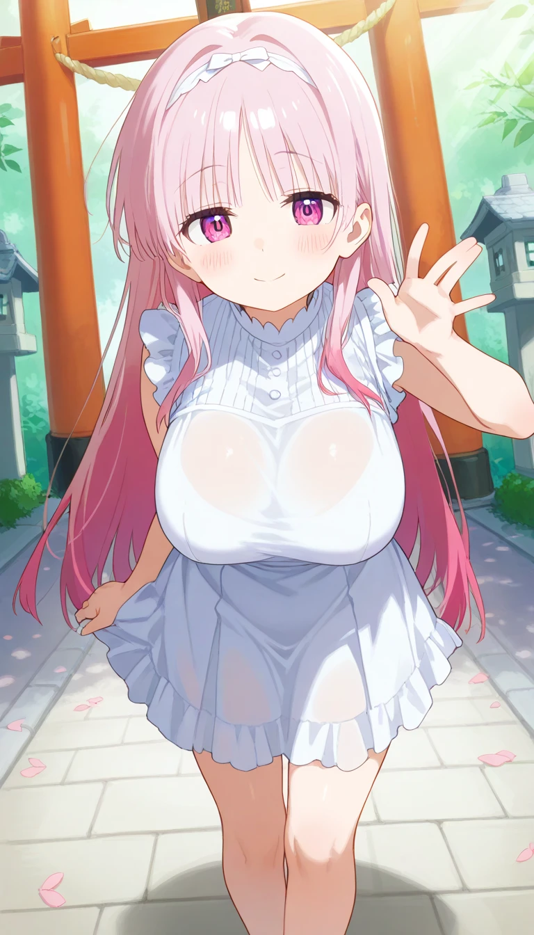 hanako_\(swimsuit\)_\(blue_archive\) best_quality newest masterpiece anime_girl_with_pink_hair_and_green_eyes_standing_in_front_of_a_rock wet_shirt open_v_chest_clothes hot_with_shining_sun wet_dripping_long_hair quetzal sweat_drops 1girl breasts solo green_eyes shirt halo wet pink_hair blush cleavage wet_clothes long_hair braid looking_at_viewer smile ahoge large_breasts white_shirt outdoors heart navel bangs hose long_sleeves water wet_shirt collared_shirt closed_mouth collarbone day beach ocean holding see-through sky naked_shirt dress_shirt hair_between_eyes sunlight side_braid bow