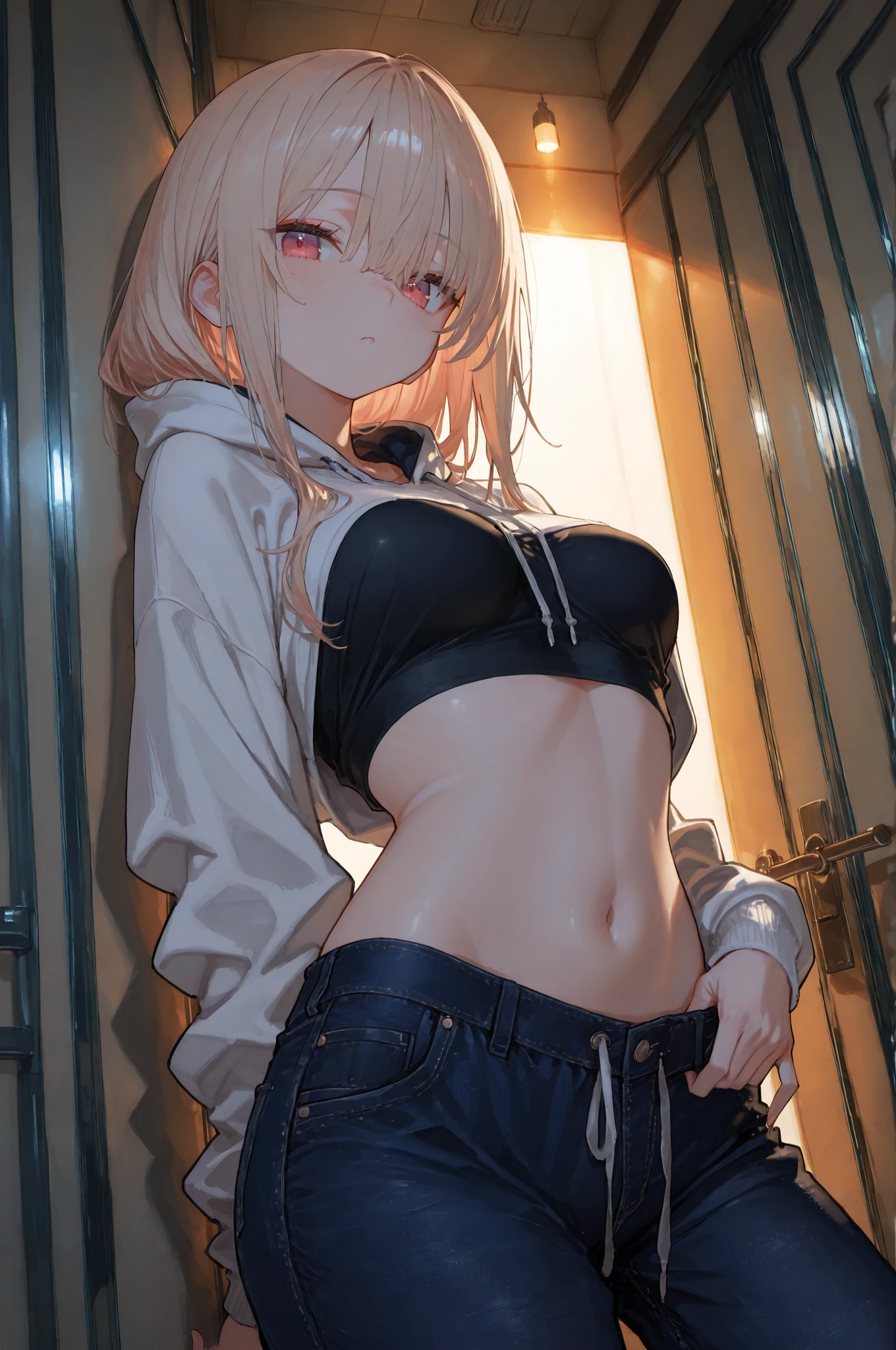 a handsome girl, solo, blond hair, yellow eyes, bright eyes, bangs, ”black hood jacket”, (see-through jacket), black high neck sleeveless, [navel], off shoulder, bare shoulders, open jacket, shorts, black tights, garter straps, expressionless, blurry background, perfect lighting, perfect angle, masterpiece, best quality, extremely detailed face,