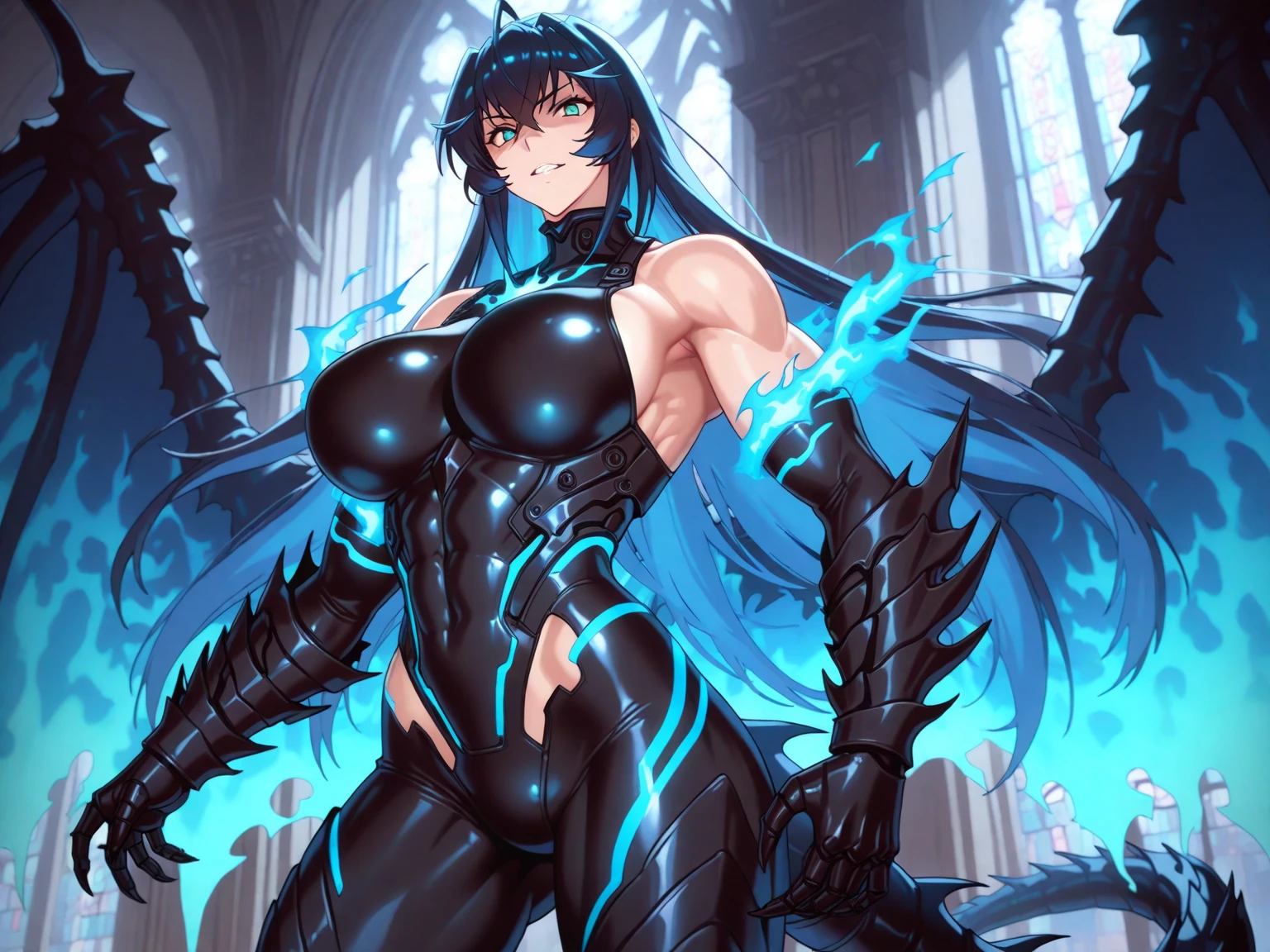 ((Highest quality)), ((masterpiece)), (detailed), (Perfect Face)、The woman is a naked demon queen, Devil Queen Extia, and the woman is wearing a shiny black full-body bodysuit decorated with gold, a sexy female demon, Devil Queen Extia.、The woman is a female demon with magnificent devil horns, jet black devil wings, and a jet black tail. She is a demon Extia with a happy expression as she looks at the camera, with medium-long blue hair and the expression of a girl in love.、The woman is Extia