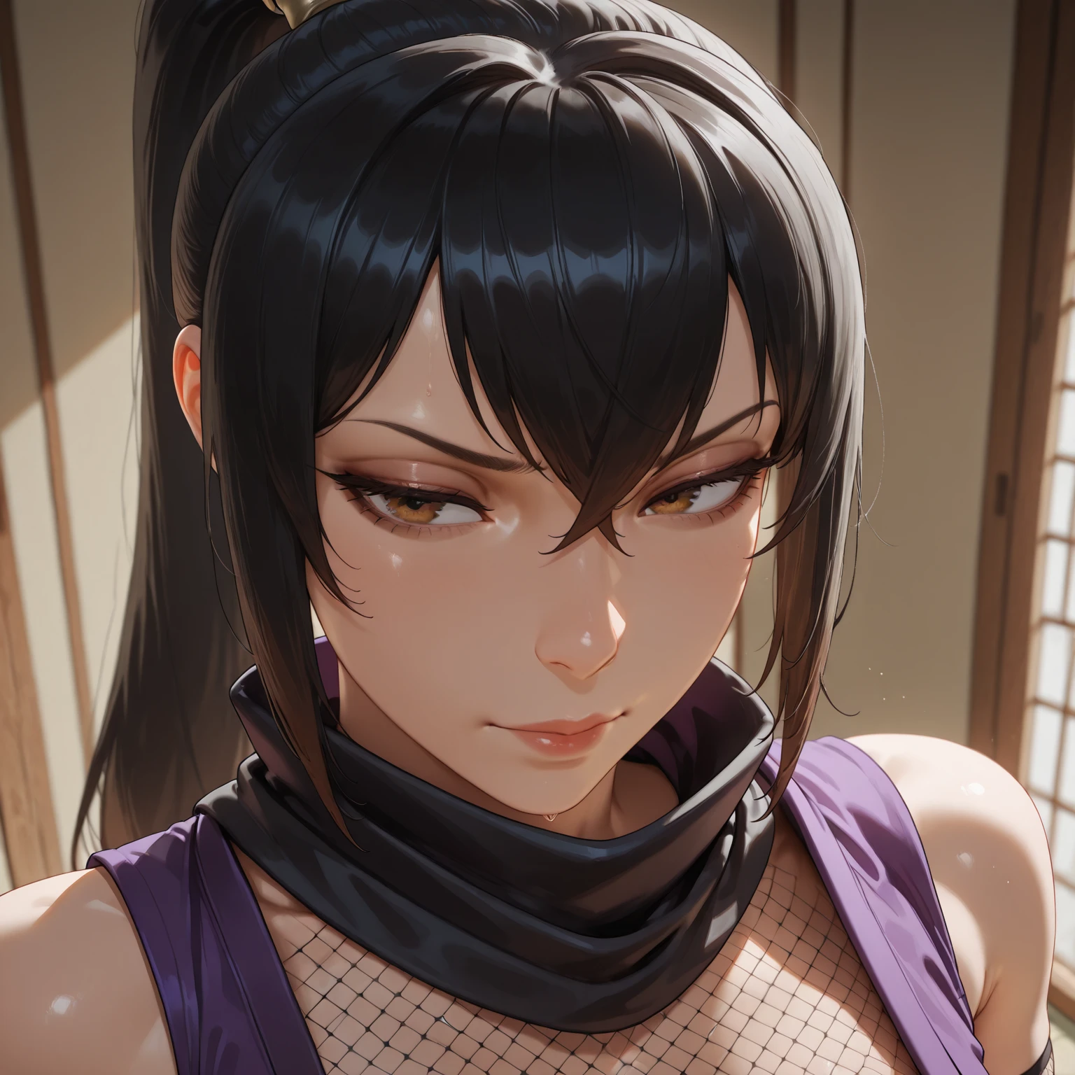 masterpiece, highest quality, highest resolution, distinct_image, detailed details) , 1 girl , solo , large breasts , large hips, cleavage, attractive body, attractive face, attractive eyes , soft skin , thin linear soft hair , one black mole under left eye , soft lips , 1 , attractive and brave facial expressions , on night , scars on arms and face ,