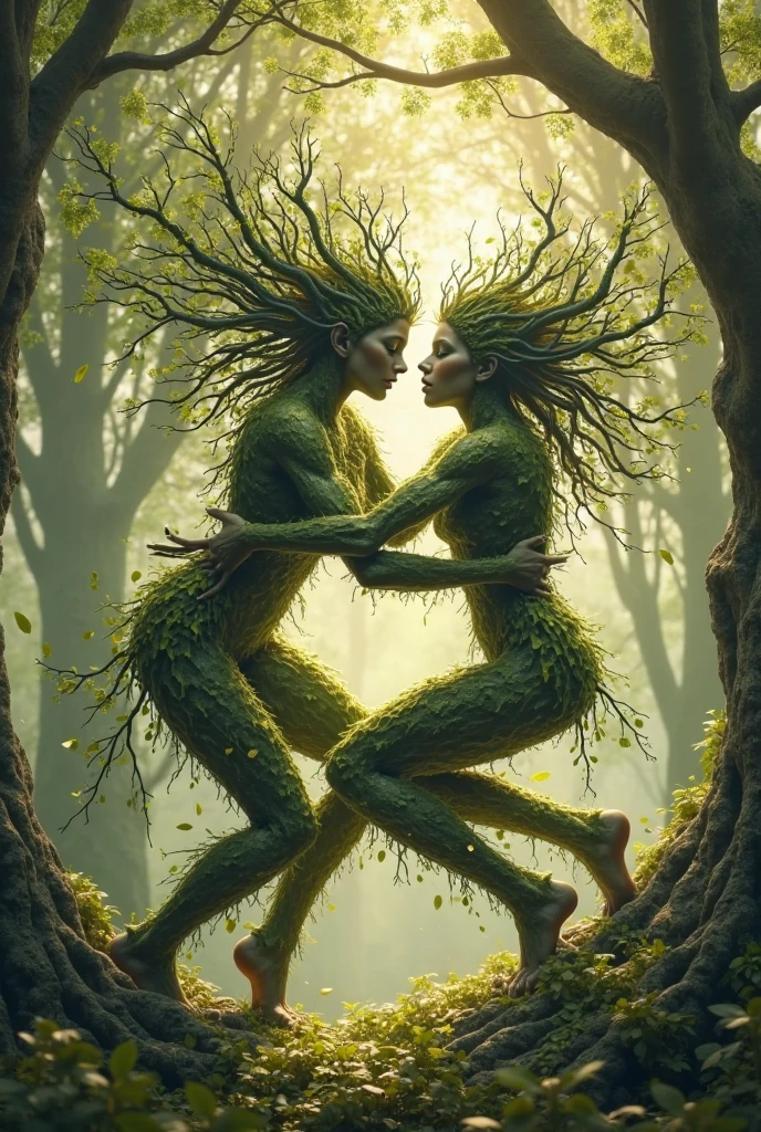 two women in dresses standing next to each other near trees, earth goddess mythology, epic tale of the twin sisters, old humanoid ents, the oracle of trees, sylvain sarrailh and igor morski, primeval duality, rooted lineage, symmetric concept art, twin souls, beautiful sci - fi twins, beautiful gemini twins