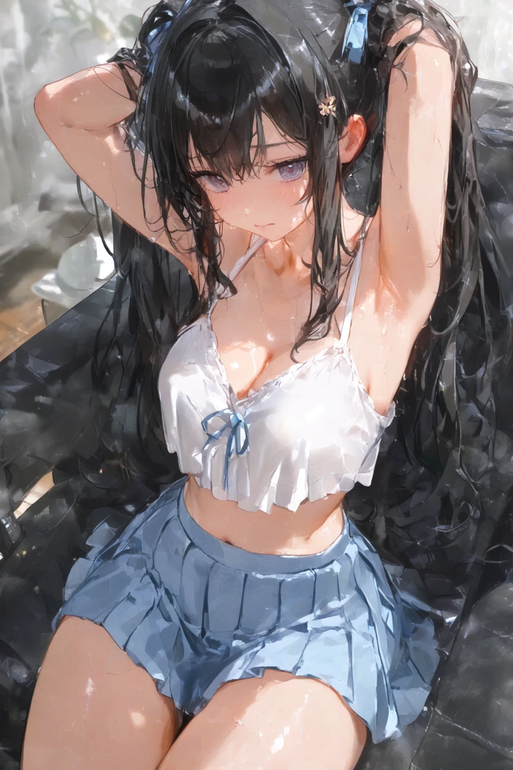 (highest quality), (masterpiece), 1080p, hd, 4k, 8K, ((wet)), fang teeth, surprised face, exposing nipples, off shoulder, white t-shirt, white mini skirt, white bikini, light blue eyes, squat, big breasts, whole body, Photographed from directly below, long black hair, two side up, 18-year-old, Ocean, flip flops,