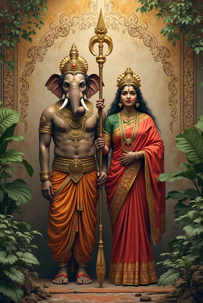 Lord Ganesh near lord muruga, ellow dress, leg near rat, both sides big elephant's