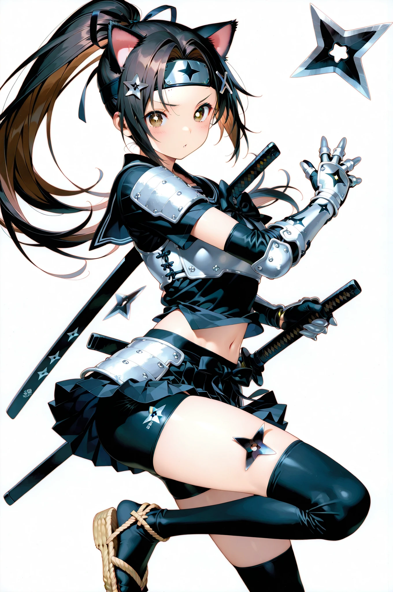 Homura(Senran Kagura), Homura has tanned skin and her dark brown hair is tied in a long ponytail with a white ribbon, the ends of the ribbon standing straight up. She wears a short black dress that looks similar to her old Hebijo uniform, and covers it with a small, light grey jacket, with samurai leg armor on each side. Around her neck is a long black cape with white trim. At the surface of her appearance, Homura has a rather cool demeanor to her upon interaction. She can be calm until a present situation calls for her to get serious. She's not one for conversation as she believes that actions speak louder than words. She also follows the ideal from her former sensei, Rin, that silence is a shinobi's best weapon. Homura is a playable character from the Senran Kagura videogame series. She makes her debut in Senran Kagura: Portrait of Girls. Homura has tanned skin and her dark brown hair is tied in a long ponytail with a white ribbon, the ends of the ribbon standing straight up. She dons the usual Hebijo uniform, which is an all black sailor fuku with red trim. Like Asuka, she wears wrist guards on her forearms with bandages underneath. She wears white loose socks with brown dress shoes. In addition to six katana which she wields at the same time, she carries a nodachi known as Engetsuka on her back. At the surface of her appearance, Homura has a rather cool demeanor to her upon interaction. Body and Physique:
Homura has a well-defined, athletic build that reflects her ninja training. Her body is lean and toned, with prominent muscle definition in her arms and legs, indicating her strength and agility. Her waist is narrow, leading to a more pronounced hourglass figure, which is accentuated by the design of her outfit. Her posture is often upright and confident, embodying the discipline and skill of a seasoned warrior. Despite her sleek and agile appearance, she maintains a strong and resilient physique, essential for her role in battle. NSFW NSFW NSFW HENTAI HENTAI