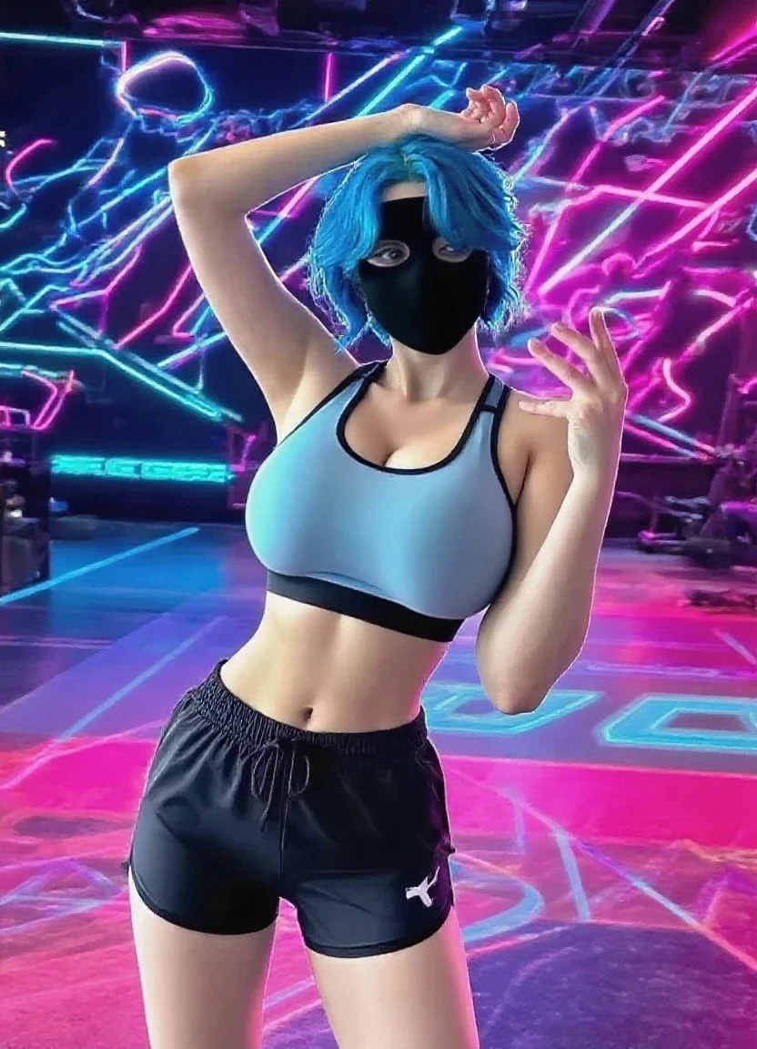 masterpiece, best quality, highres, 1girl, <lora:KShinobuV4-09:1>, facemask , wearing Nike sportswear outfit, <lora:Shinyskin-000018:0.5> , 3DMM <lora:3DMM_V12:0.6> , black sports bra, purple hot pants , green hair <lora:hairdetailer:0.5>, looking at viewer, sweating, purple eyes, sweat beads, fingernails, dangling hand