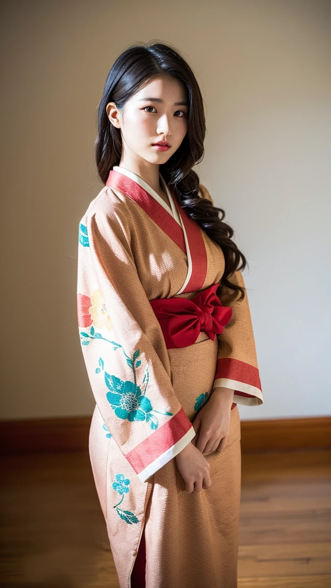 A highly detailed and vibrant full-body image of an adult Japanese anime female character. She has long, flowing black hair with soft waves, and her expressive, large brown eyes are full of emotion. She is wearing a traditional yet modern kimono with intricate patterns in shades of deep red and gold, and the fabric flows elegantly around her. The character is depicted from head to toe, with no cuts, showing her full figure. The background is a beautiful blend of cherry blossoms in full bloom, with soft petals falling around her, giving the scene a serene and magical atmosphere. The art style is typical of high-quality Japanese anime, with fine linework and vivid colors.