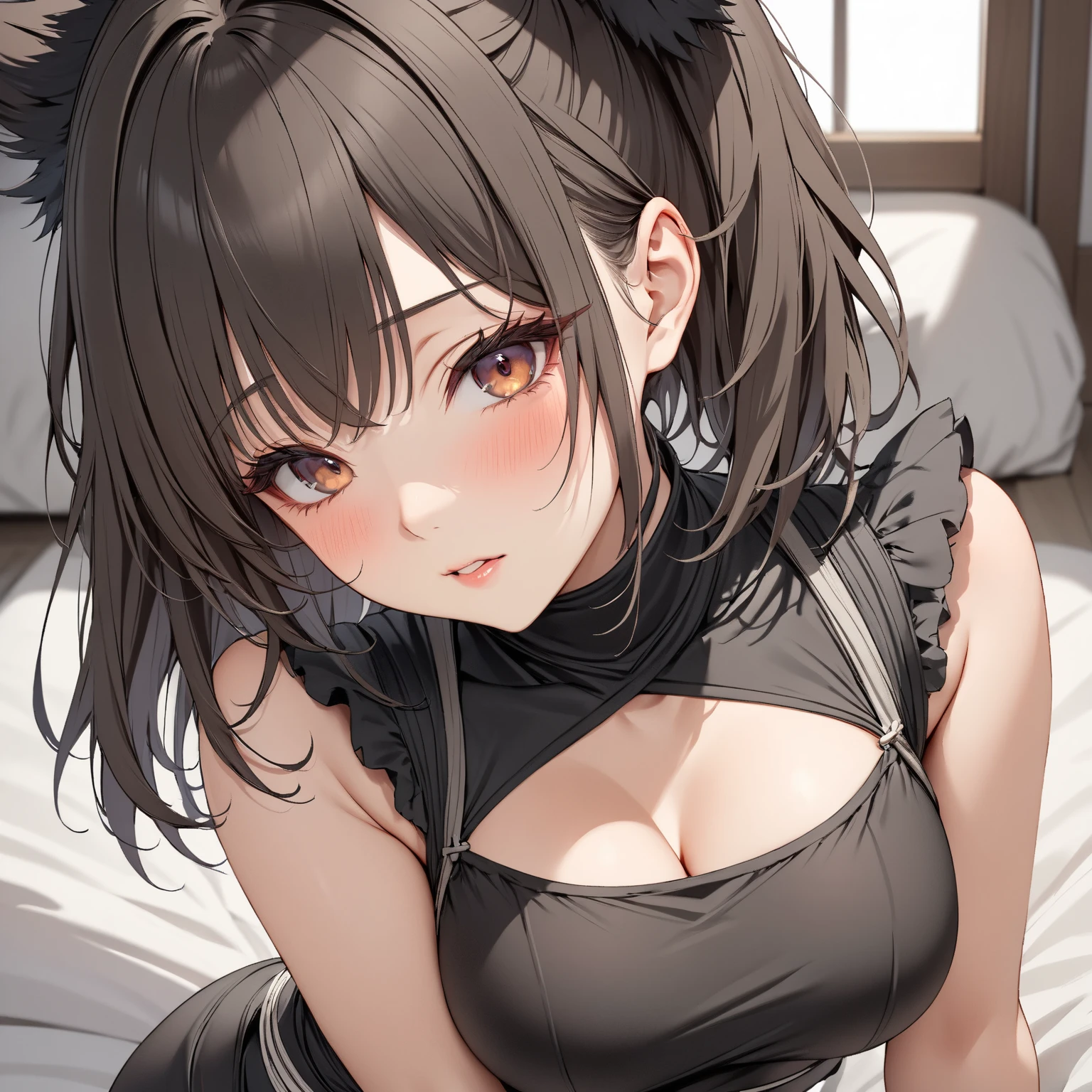 1girl, cat ears,16 years old, cute、ロリ、small breasts、小柄、cleavage, blush、arms behind head, shoulder-length hair、revealing clothes、turtleneck neck shirt, 神秘的な背景、鎖骨、 繊細、bird’s eye view、最高品質、HD, 8k, Detailing oil painting of --s 1000