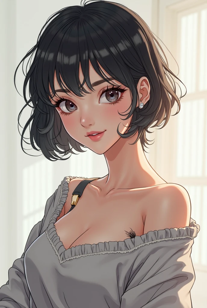 (A photo of upper body), Beautiful face, Highly detailed face and skin texture, (Detailed eyes), Brown eyes, Double eyelids, Thin eyebrows, Glitter eyeliner: 1.2, Natural cheeks, Shiny skin, Fair skin, (((wearing pajamas))), Glitter necklace and earrings, (Shiny lips: 1. 4), (Seductive smile), (20 years old), (Wavy hair, Diagonal bangs), Short hair, ((Upper body shot)), ((Focus on chest and face)), Medium large breasts, Upturned breasts.