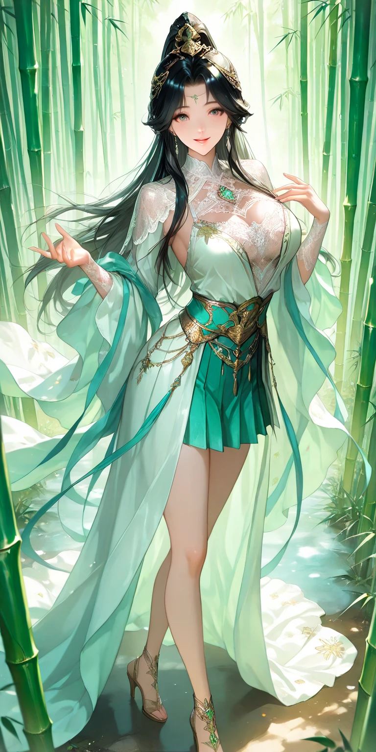 Masterpiece, AMAZING, Alphonse Mucha, Art Nouveau, (Tarot style: 1.3), blending floral and green elements, blunt bangs, black straight long hair, looking at the viewer, in a verdant garden, a mysterious girl in bloom Dresses dance with ethereal creatures, bathed in sunlight illuminating lush plants and ancient tarot symbols, roses, lilies, cherry blossoms, irises, leaves, moss and vines, elegant dresses inspired by nature, accessories including flowers Necklaces, earrings, rings, bracelets, hair accessories, butterflies, birds, bees, reimagined tarot symbols with floral and green plant designs, goddesses, gardens, forests, lakesides and other natural backgrounds with effective use of light and shadow , realistic, super realistic realistic 3d, zen corner,
