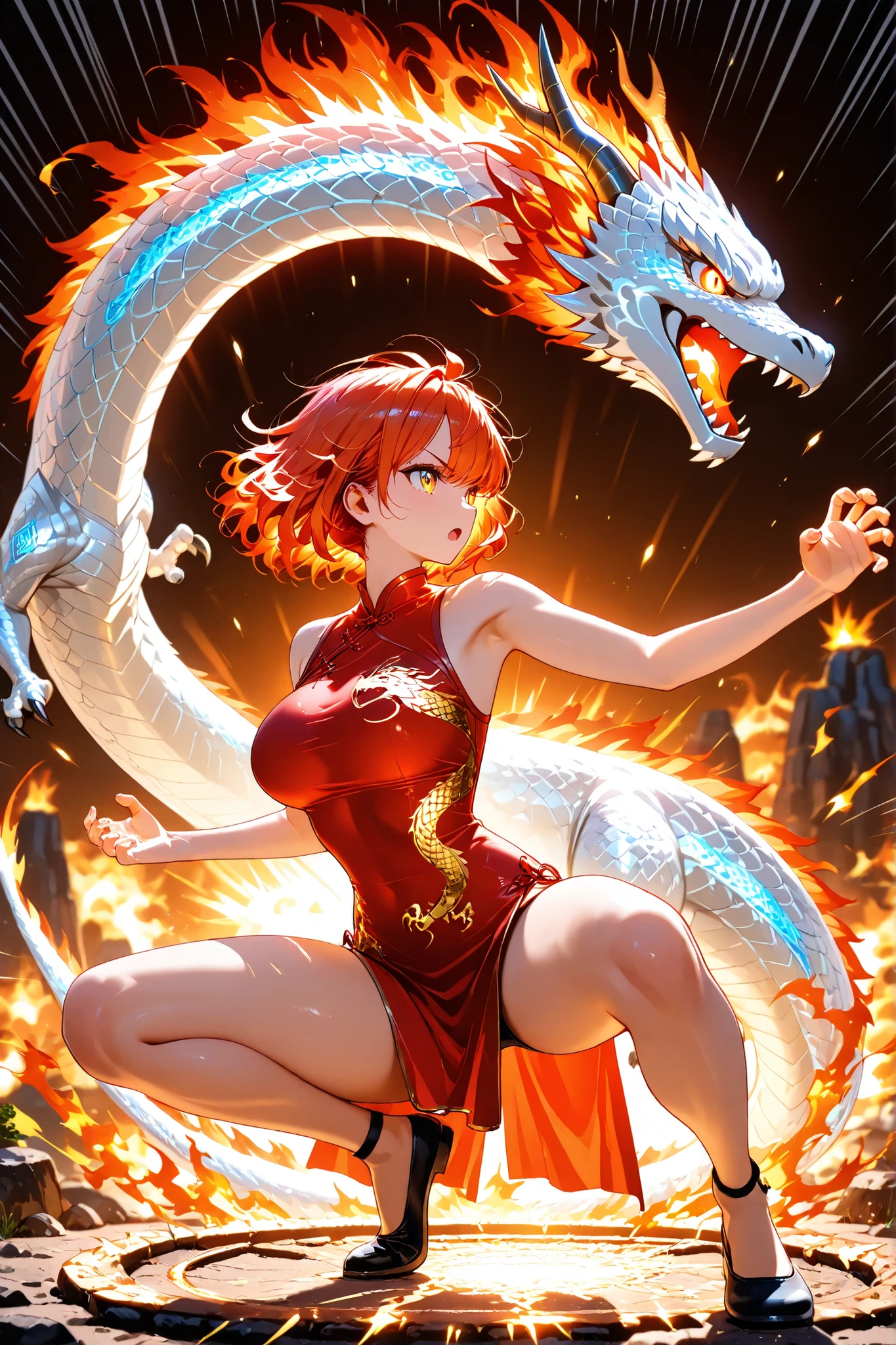 1girl,sandori, sun girl, burning hair, red and orange hair, messy hair, short hair, fluffy wavy hair,large breasts,profile,serious,red china dress,see-through dragon,((glowing white dragon print)),claw,armpit,squatting,(bent over:0.8),contrapposto,open mouth,fighting pose,roar,emphasis lines,fire,floating hair,looking left,simple background,full body,masterpiece, best quality, ultra-detailed, high resolution, 8k, finely detailed, intricate details,sharp focus,dramatic shadows, perfect anatomy, detailed clothes, ray tracing reflections,Dynamic lighting,HDR,cinematic lighting, global illumination,f/2.8 lens,85mm lens,DSLR photography style,ambient lighting,rim lighting,Radial Composition,Diagonal Composition,(((depth of field)))