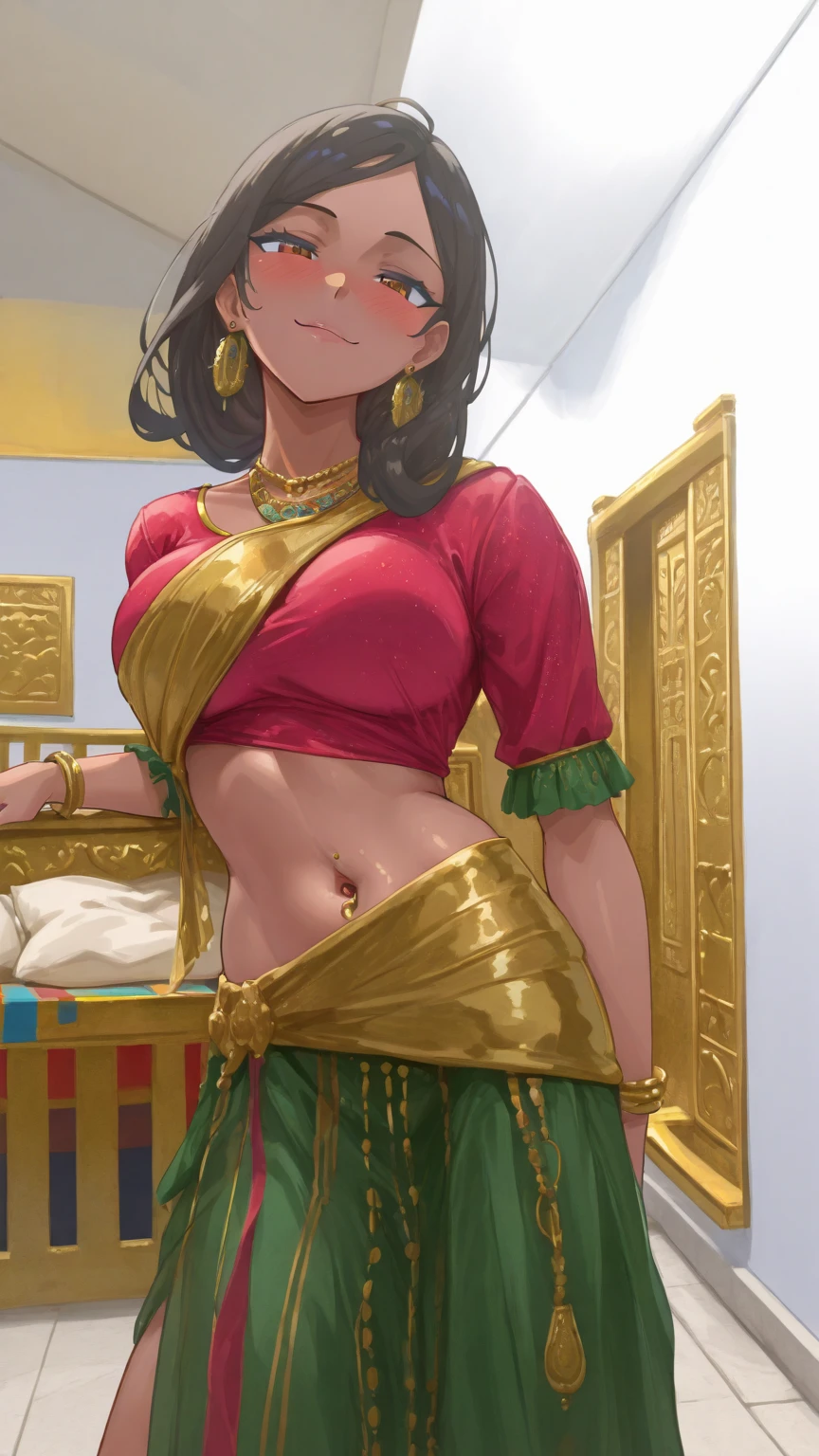 solo, 1female, indian teenage girl, black short hair, tomboy hair, tomboy haircut, big hair bangs, wearing dark glasses, eyeliner, blushing intensely, skinny body, small  , clenching teeth, smiley face, one eye closed, soft lips, blue saree, wearing emrald necklace and earrings, wearing bracelets, , letting out , massive , yellow smoke rising, hand on tummy, bending forward, leaning, hand on stomach