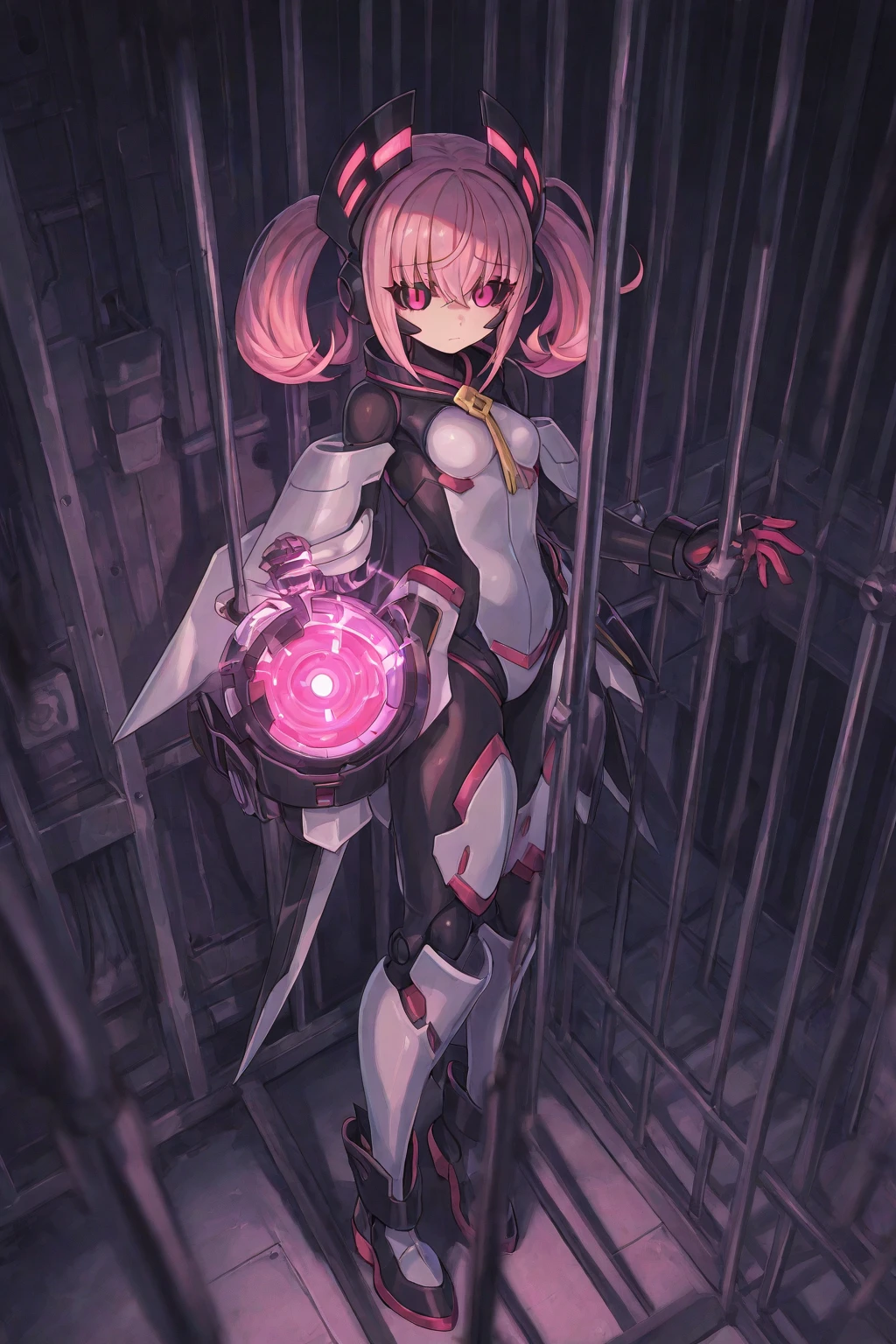 <lora:mecha_gauntlets_v11:0.7> oversized mechanical gauntlets, fighting stance, <lora:charion_isekai_ojisan:0.8> 1girl pink hair horns, open coat bodysuit, white coat gold trim pantyhose,hair over eyes,, ultra detailed, masterpiece, best quality, aesthetic, detailed,